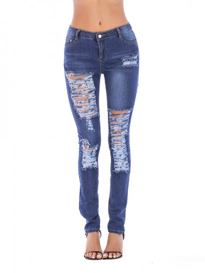 High Waist Broken Hole Skinny Long Jeans - Click Image to Close