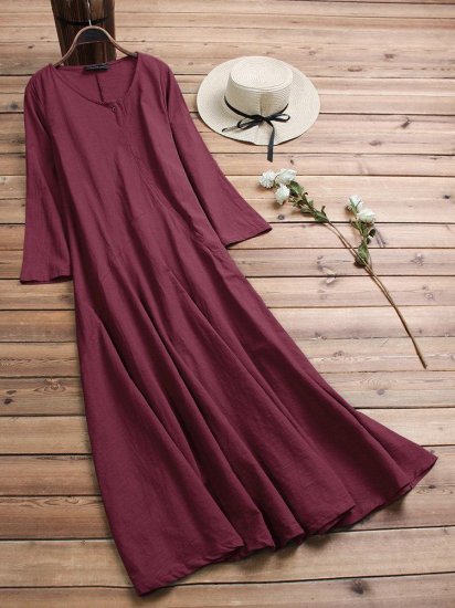 Women Vintage Cotton Tunic Baggy Long Sleeve Maxi Dress - Click Image to Close