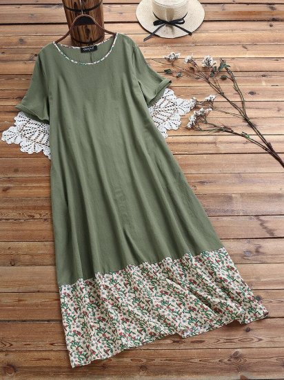 Floral Printed Patchwork Vintage Crew Neck Short Sleeve Maxi Dress - Click Image to Close