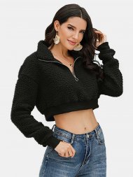 Solid Color Zipper Turn Down Collar Long Sleeves Casual Tops