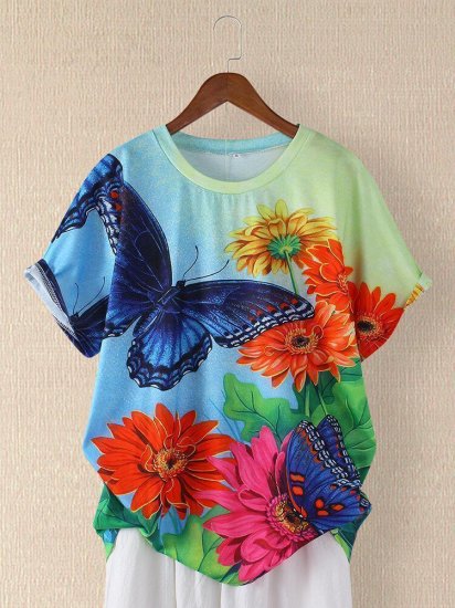 Butterfly Floral Printed O-neck Short Sleeve T-shirt - Click Image to Close