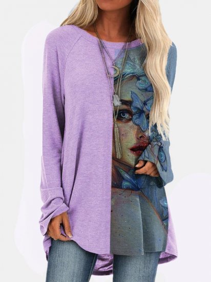 Vintage Patchwork Printed O-neck Long T-shirt For Women - Click Image to Close