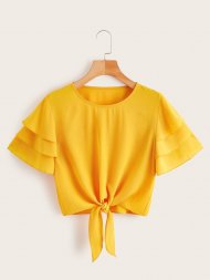 Layered Sleeve Knot Hem Blouse