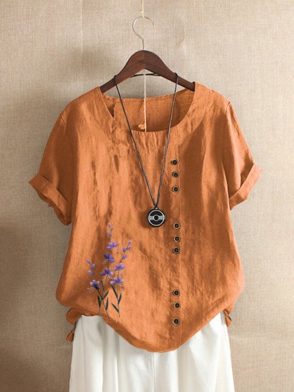 Floral Embroidery Short Sleeve O-neck T-shirt For Women - Click Image to Close