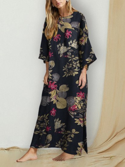 Floral Print O-neck Side Slit Long Sleeve Cotton Dress - Click Image to Close