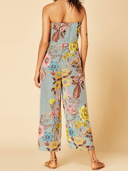 Striped Floral Print Off-shoulder Pocket Casual Jumpsuit for Women - Click Image to Close