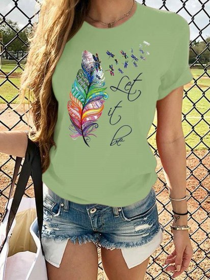 Feather Dragonfly Print Short Sleeve Casual T-shirt For Women - Click Image to Close