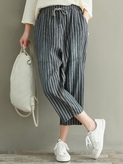 Casual Stripe Drawstring Waist Loose Women Pants - Click Image to Close