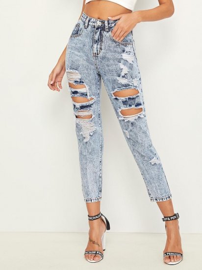 Bleach Wash Distressed Crop Jeans - Click Image to Close