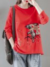 Cartoon Embroidery Long Sleeve O-neck T-shirt For Women