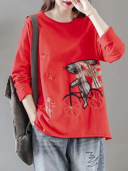 Cartoon Embroidery Long Sleeve O-neck T-shirt For Women - Click Image to Close