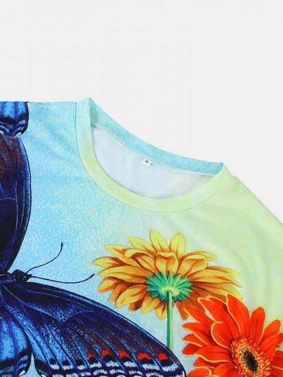 Butterfly Floral Printed O-neck Short Sleeve T-shirt - Click Image to Close