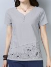 Leaves Embroidered Short Sleeve V-neck T-shirt For Women