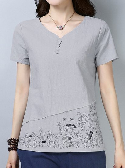 Leaves Embroidered Short Sleeve V-neck T-shirt For Women - Click Image to Close