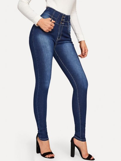 Button Fly High Waist Bleached Jeans - Click Image to Close