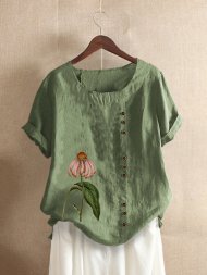 Floral Printed Short Sleeve O-Neck T-shirt For Women