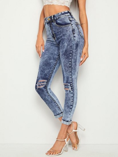 Ripped Cuffed Hem Flakes Skinny Jeans - Click Image to Close