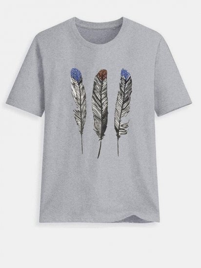 Feather Print Short Sleeves O-neck Casual T-shirt For Women - Click Image to Close