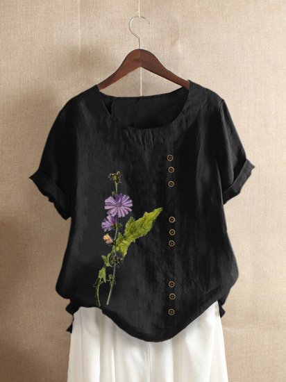 Floral Printed Short Sleeve O-Neck T-shirt For Women - Click Image to Close