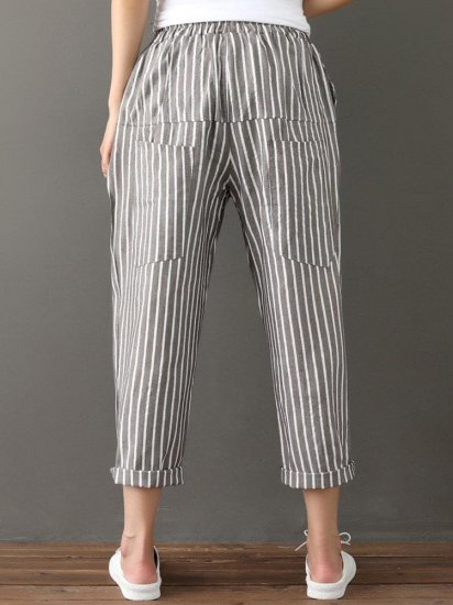 Buttons Stripe Elastic Waist Pockets Casual Harem Pants - Click Image to Close