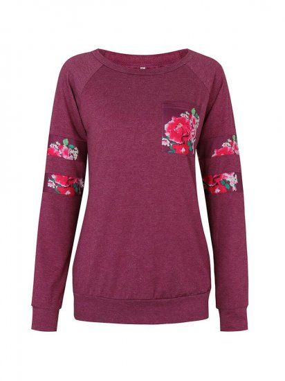 Casual Floral Print Patchwork Long Sleeve O-neck Women T-shirts - Click Image to Close