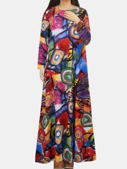 Bohemia Printed Pockets O-neck Long Sleeve Vintage Dress - Click Image to Close