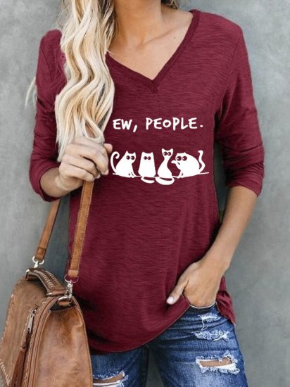 Cartoon Cat Print V-neck Long Sleeve Casual Women T-Shirt - Click Image to Close