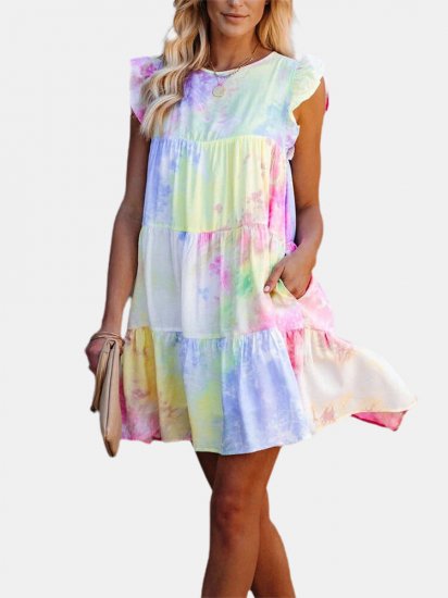 Tie-dye Sleeveless O-neck Ruffled Midi Dress - Click Image to Close