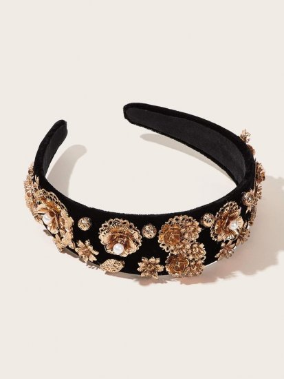 Faux Pearl & Metallic Flower Decor Headband - Click Image to Close