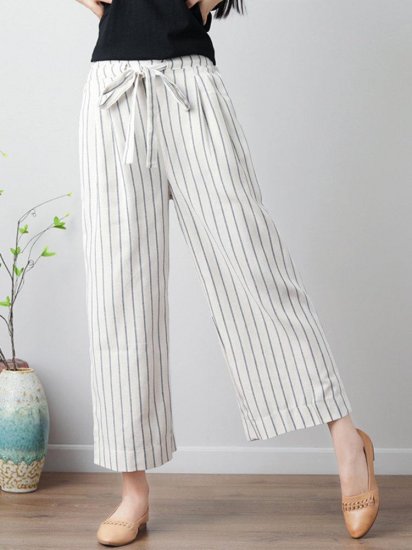 Stripe Wide Leg Drawstring Waist Casual Pants - Click Image to Close