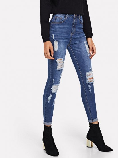 Dark Wash Destroyed Jeans - Click Image to Close