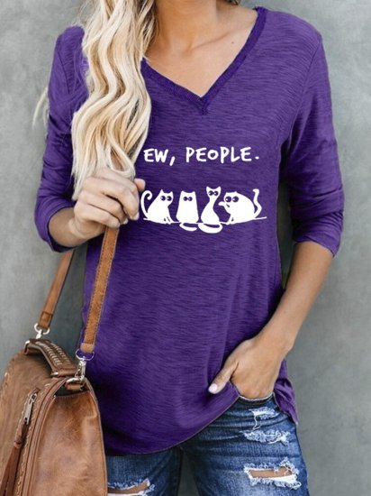 Cartoon Cat Print V-neck Long Sleeve Casual Women T-Shirt - Click Image to Close