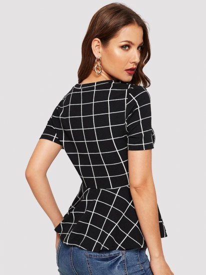 Grid Print Peplum Hem Blouse - Click Image to Close