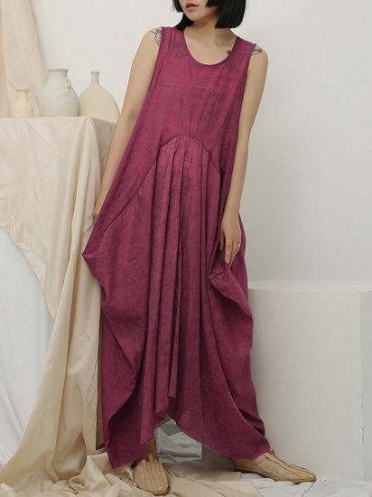 Irregular Sleeveless Solid Color Vintage Dress For Women - Click Image to Close