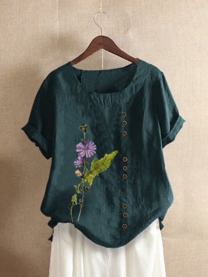 Floral Printed Short Sleeve O-Neck T-shirt For Women - Click Image to Close