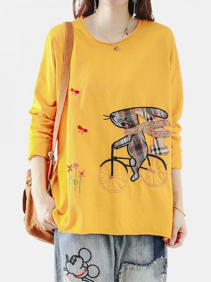 Cartoon Embroidery Long Sleeve O-neck T-shirt For Women - Click Image to Close