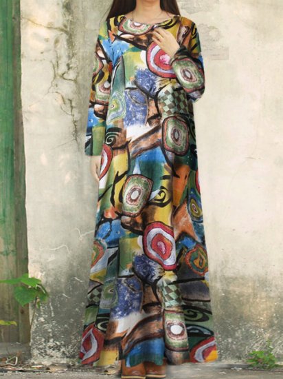 Bohemia Printed Pockets O-neck Long Sleeve Vintage Dress - Click Image to Close