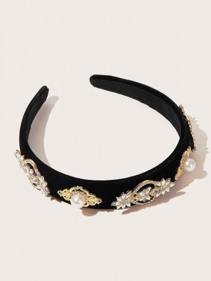 Faux Pearl Decor Rhinestone Engraved Flower Decor Headband - Click Image to Close