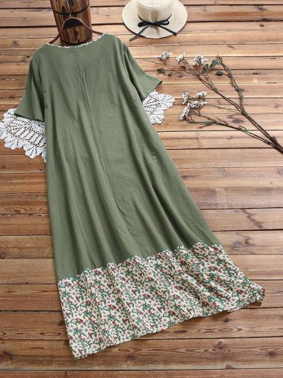 Floral Printed Patchwork Vintage Crew Neck Short Sleeve Maxi Dress - Click Image to Close