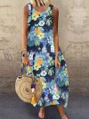 Flower Printed Sleeveless O-neck Casual Dress