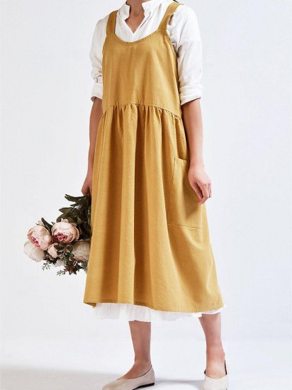 Vintage Solid Color Side Pocket Spaghetti Strap Cotton Dress - Click Image to Close