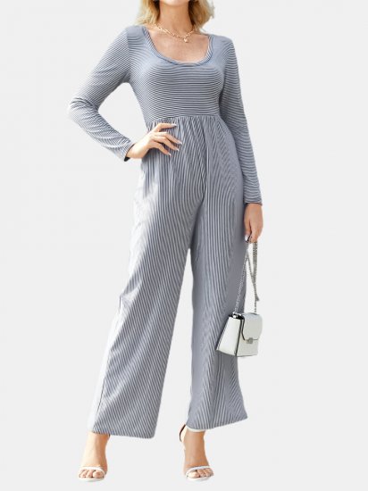 Striped Print Patchwork Long Sleeve Casual Jumpsuit for Women - Click Image to Close