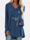 Cat Print Long Sleeves V-neck Casual T-shirt For Women