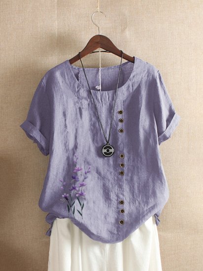 Floral Embroidery Short Sleeve O-neck T-shirt For Women - Click Image to Close