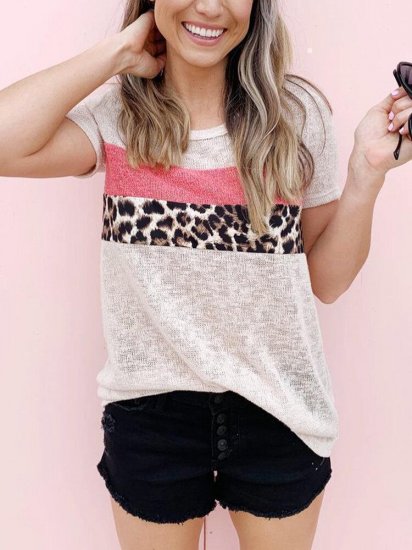 Leopard Printed O-neck Short Sleeve Casual T-shirt - Click Image to Close