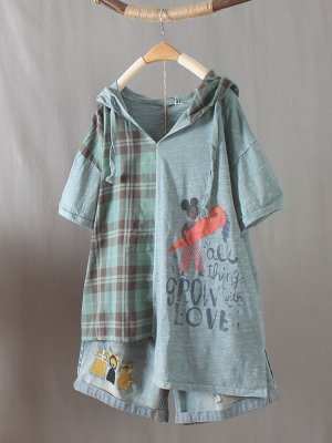 Cartoon Printed Plaid Short Sleeve Hooded Patchwork T-shirt