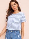 Pocket Patched Button Back Striped Blouse