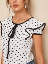 Polka Dot Piping Trim Blouse