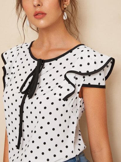 Polka Dot Piping Trim Blouse - Click Image to Close