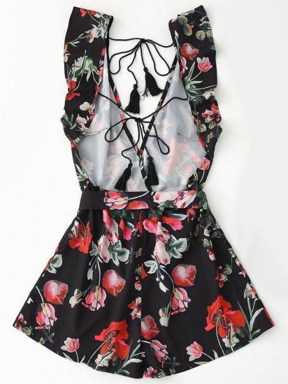 Sexy Backless V-neck Floral Printed Short Jumpsuits - Click Image to Close